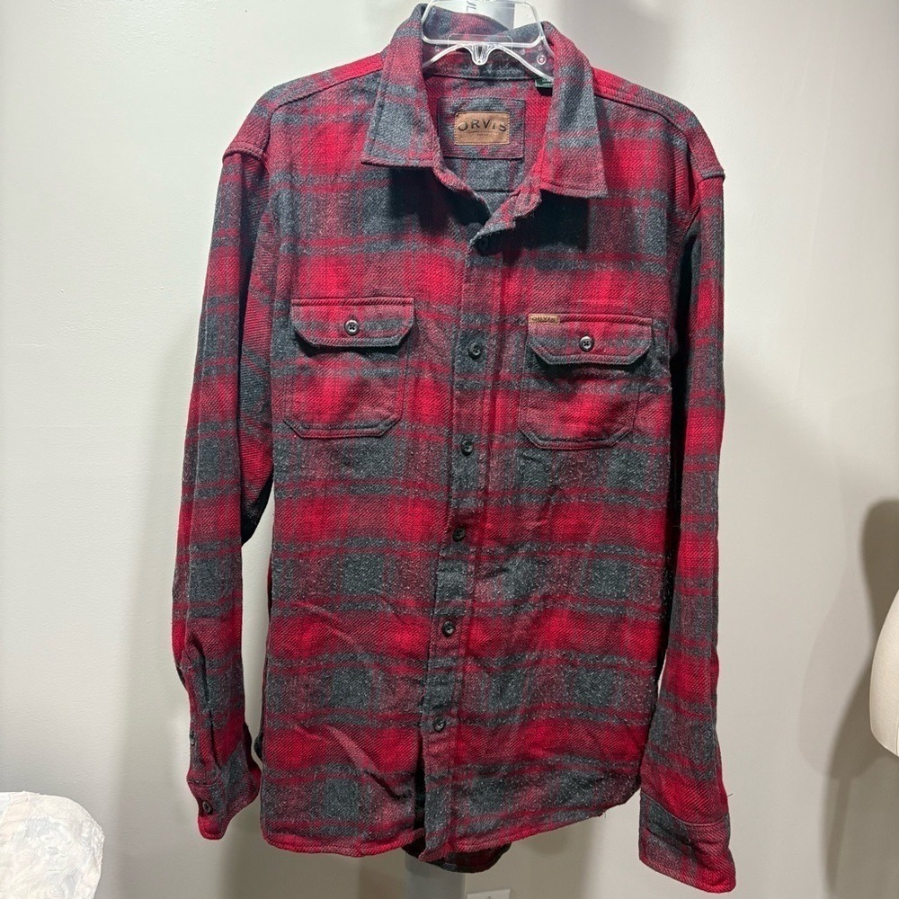 Orvis Heavy Flannel Shirt Jacket Red Gray Button Up Mens Sz XL Outdoor Classic